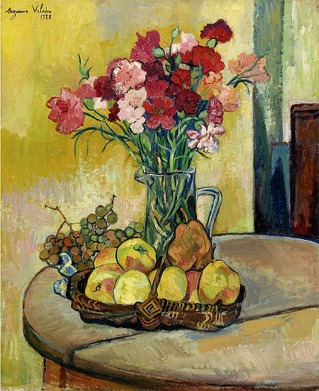 Nature Morte au Panier de Pommes, Vase de Fleurs, et Raisins, 1928